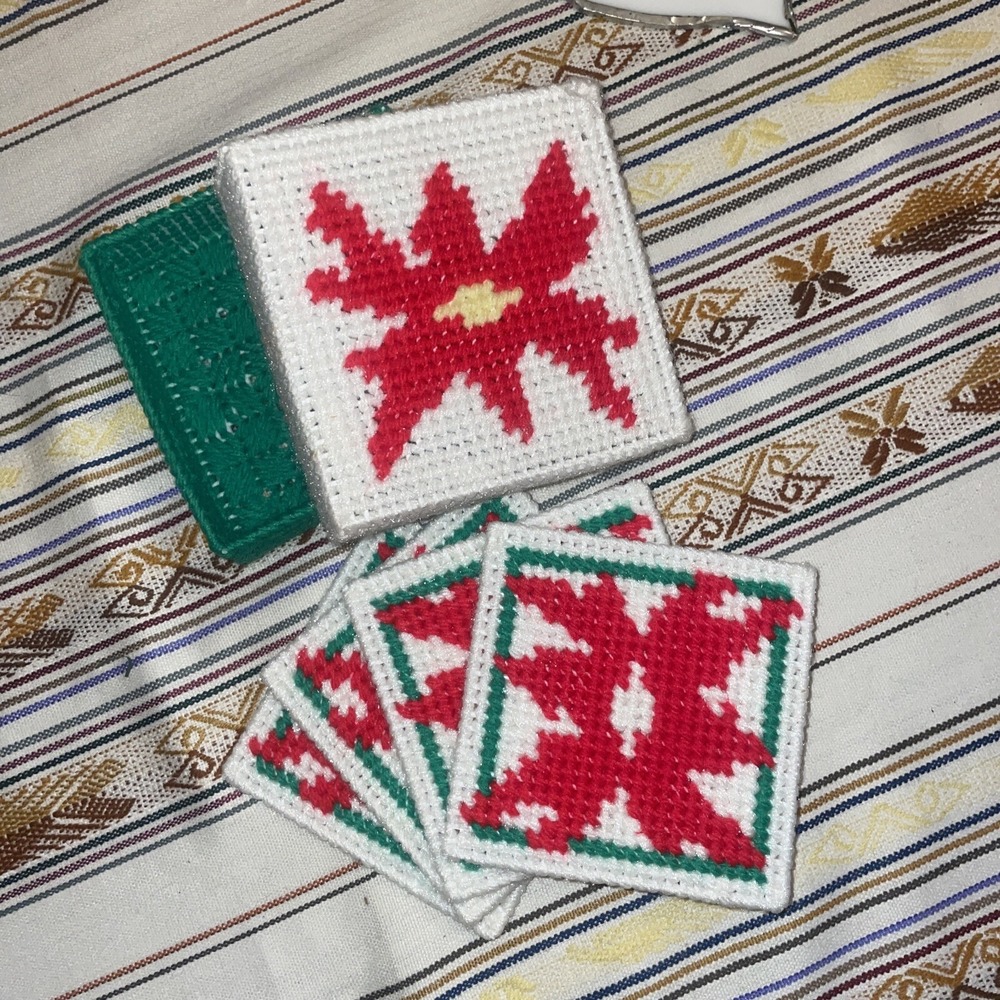 Four Needlepoint On Plastic Coasters With‎ Storage Box